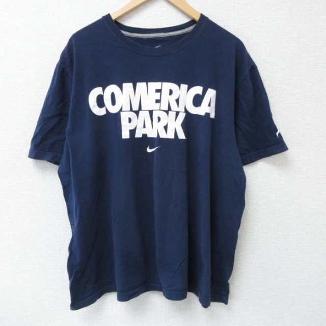 XL★古着 ナイキ NIKE 半袖 ブランド Tシャツ メンズ MLB デトロイトタイガース コメリカパーク 大きいサイズ コットン クルーネック 紺 ネイビー メジャーリーグ ベースボール 野球 25may22 中古