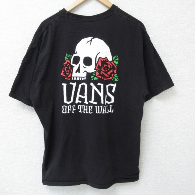 XL★古着 バンズ VANS 半袖 ブランド Tシャツ メンズ スカル バラ 大きいサイズ クルーネック 黒 ブラック 25may22 中古