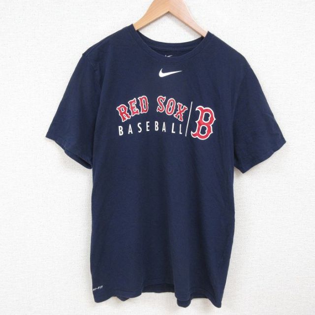 L★古着 ナイキ NIKE 半袖 ブランド Tシャツ メンズ MLB ボストンレッドソックス クルーネック 紺 ネイビー メジャーリーグ ベースボール 野球 25jun06 中古