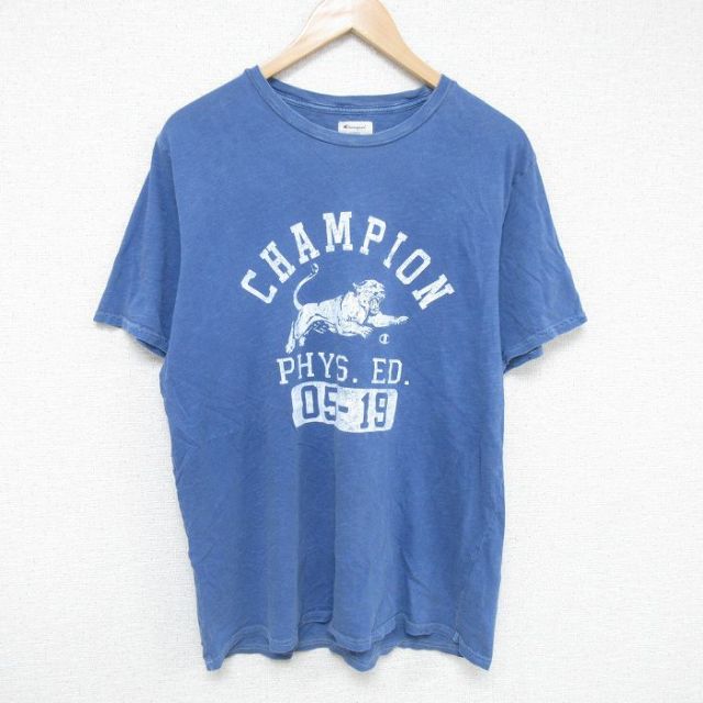 L★古着 チャンピオン champion 半袖 ブランド Tシャツ メンズ PHYS コットン クルーネック 薄紺 ネイビー 霜降り 25jun06 中古
