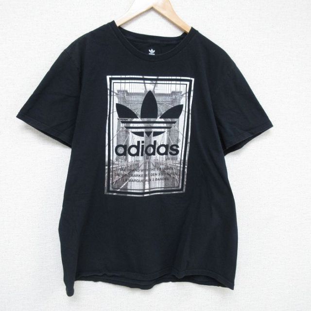XL★古着 アディダス adidas 半袖 ブランド Tシャツ メンズ ビッグロゴ リーフトレフォイル コットン クルーネック 黒 ブラック 25jun06 中古