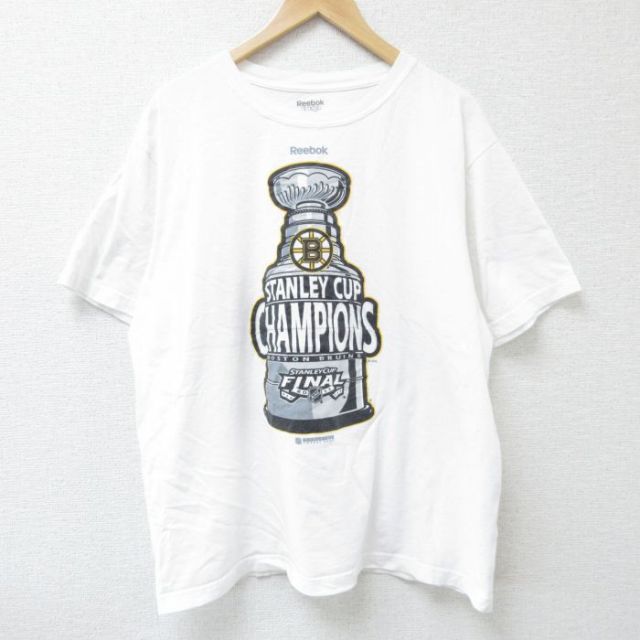 【50%OFF】XL★古着 リーボック REEBOK 半袖 ブランド Tシャツ メンズ NHL ボストンブルーインズ 大きいサイズ コットン クルーネック 白 ホワイト アイスホッケー 25may26 中古
