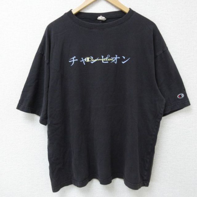 【50%OFF】XL★古着 チャンピオン champion 半袖 ブランド Tシャツ メンズ ビッグロゴ 大きいサイズ クルーネック 黒 ブラック 25may26 中古