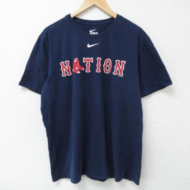 XL★古着 ナイキ NIKE 半袖 ブランド Tシャツ メンズ MLB ボストンレッドソックス クルーネック 紺 ネイビー メジャーリーグ ベースボール 野球 25may26 中古