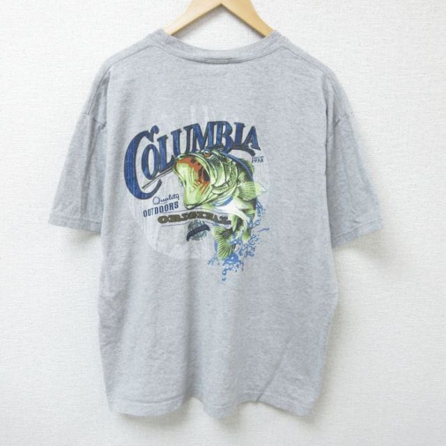 XL★古着 コロンビア COLUMBIA 半袖 ブランド Tシャツ メンズ 魚 ビッグロゴ 大きいサイズ クルーネック グレー 霜降り 25may26 中古