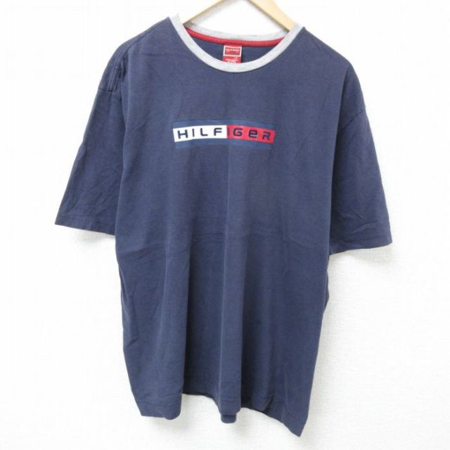 XL★古着 トミーヒルフィガー TOMMY HILFIGER 半袖 ブランド Tシャツ メンズ ビッグロゴ 大きいサイズ コットン クルーネック 紺 ネイビー 25may26 中古
