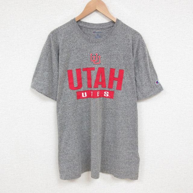 XL★古着 チャンピオン champion 半袖 ブランド Tシャツ メンズ ユタ 大きいサイズ クルーネック グレー 霜降り 25jun10 中古