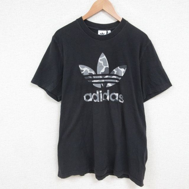 XL★古着 アディダス adidas 半袖 ブランド Tシャツ メンズ ビッグロゴ リーフ トレフォイル 大きいサイズ コットン クルーネック 黒 ブラック 25jun10 中古