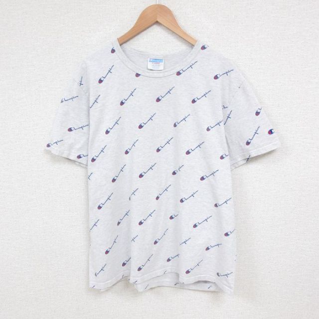 XL★古着 チャンピオン champion 半袖 ブランド Tシャツ メンズ ワンポイントロゴ 総柄 クルーネック 薄グレー 霜降り 25jun10 中古