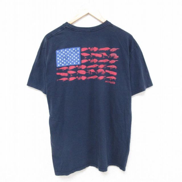 XL★古着 コロンビア COLUMBIA 半袖 ブランド Tシャツ メンズ ルアー コットン クルーネック 紺 ネイビー 25jun18 中古