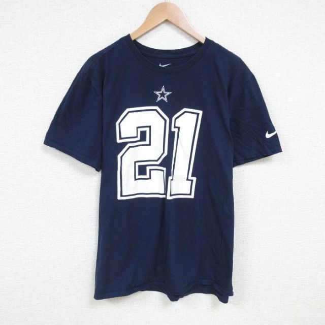 XL★古着 ナイキ NIKE 半袖 ブランド Tシャツ メンズ NFL ダランスカウボーイズ エゼキエルエリオット 21 コットン クルーネック 紺 ネイビー アメフト スーパーボウル 25jun19 中古