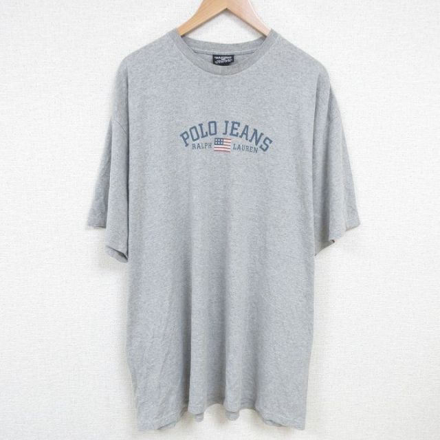 XL★古着 ラルフローレン Ralph Lauren ポロジーンズ 半袖 ブランド Tシャツ メンズ ビッグロゴ 大きいサイズ ロング丈 クルーネック グレー 霜降り 【spe】 25jun19 中古
