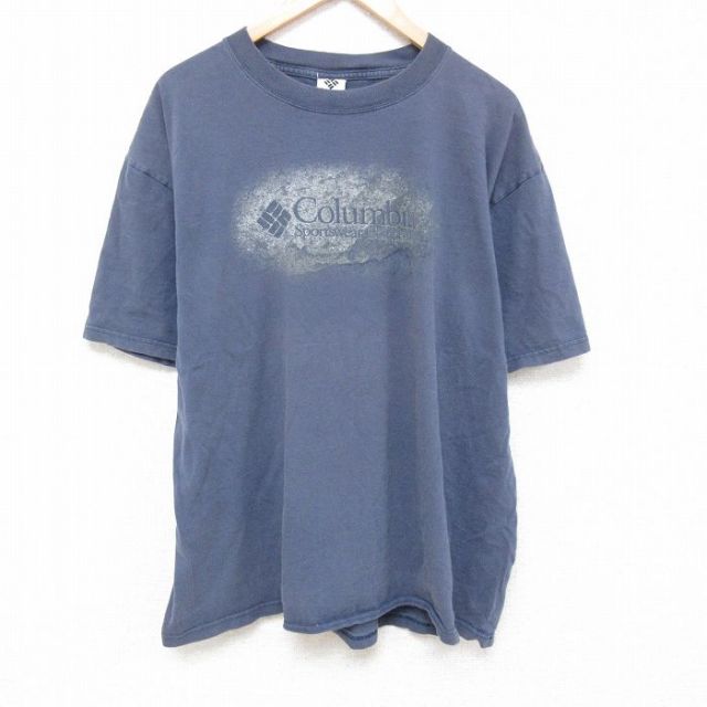 XL★古着 コロンビア COLUMBIA 半袖 ビンテージ Tシャツ メンズ ビッグロゴ 大きいサイズ コットン クルーネック 薄紺 ネイビー 25jun19 中古