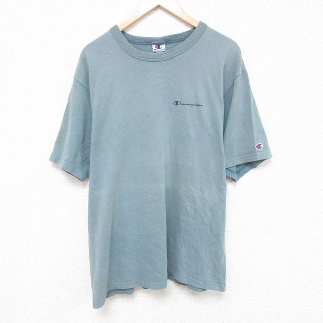 【50%OFF】XL★古着 チャンピオン champion 半袖 ビンテージ Tシャツ メンズ 90年代 90s ワンポイントロゴ 大きいサイズ コットン クルーネック 青緑 【spe】 25jun19 中古