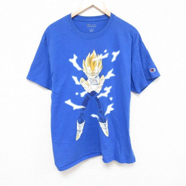 L★古着 チャンピオン champion 半袖 ブランド Tシャツ メンズ アニメ ドラゴンボールZ ベジータ コットン クルーネック 青 ブルー 【spe】 25jun19 中古