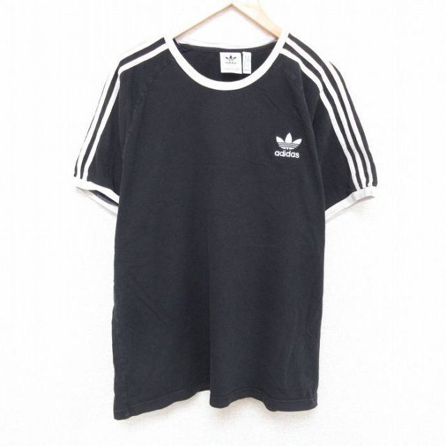 XL★古着 アディダス adidas 半袖 ブランド Tシャツ メンズ ワンポイントロゴ リーフ トレフォイル 大きいサイズ コットン ラグラン クルーネック 黒 ブラック 25jun19 中古