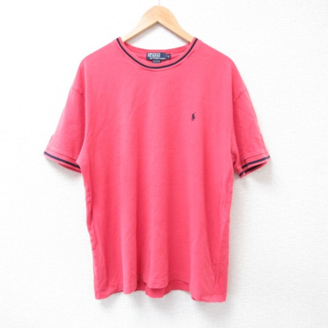 XL★古着 ラルフローレン Ralph Lauren 半袖 ブランド Tシャツ メンズ 90年代 90s ワンポイントロゴ 鹿の子 大きいサイズ コットン クルーネック 濃ピンク 25jul18 中古
