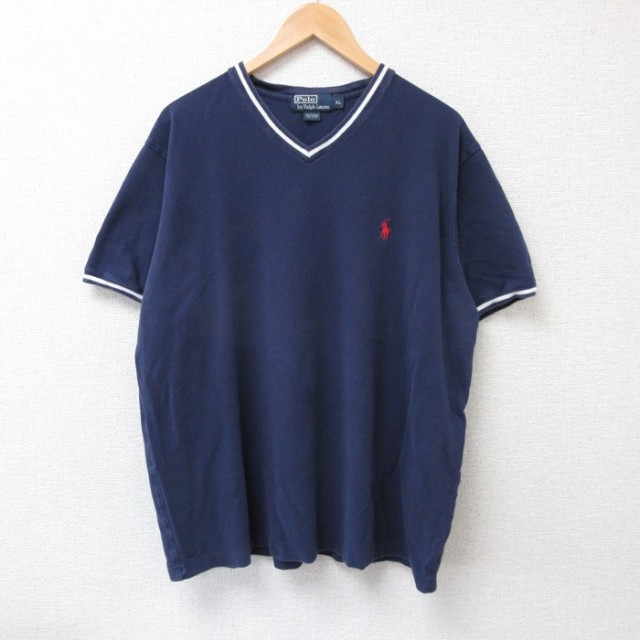 XL★古着 ラルフローレン Ralph Lauren 半袖 ブランド Tシャツ メンズ 90年代 90s ワンポイントロゴ 鹿の子 大きいサイズ コットン Vネック 紺 ネイビー 25jul18 中古