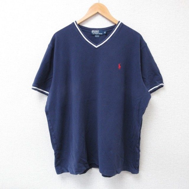 【50%OFF】XL★古着 ラルフローレン Ralph Lauren 半袖 ブランド Tシャツ メンズ 90年代 90s ワンポイントロゴ 鹿の子 大きいサイズ コットン Vネック 紺 ネイビー 25jul18 中古