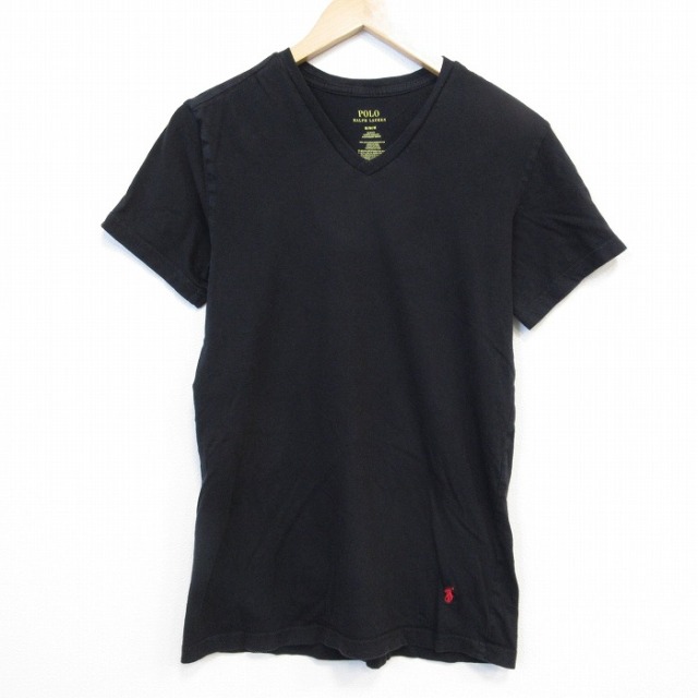M★古着 ラルフローレン 半袖 ブランド Tシャツ メンズ ワンポイントロゴ 裾ロゴ コットン Vネック ブラック 26jul06