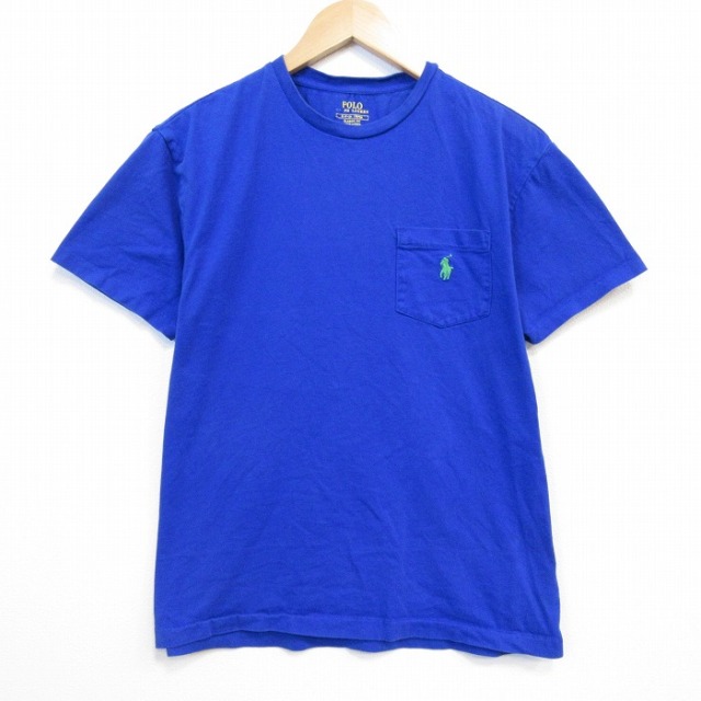 L★古着 ラルフローレン 半袖 ブランド Tシャツ メンズ ワンポイントロゴ 胸ポケット付き コットン クルーネック ブルー【spe】 26jul06