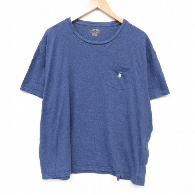 XL★古着 ラルフローレン 半袖 ブランド Tシャツ メンズ ワンポイントロゴ 胸ポケット付き 大きいサイズ コットン クルーネック ネイビー 霜降り 26jul06