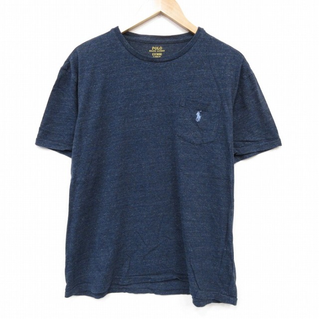 XL★古着 ラルフローレン 半袖 ブランド Tシャツ メンズ ワンポイントロゴ 胸ポケット付き コットン クルーネック ネイビー 霜降り 26jul06