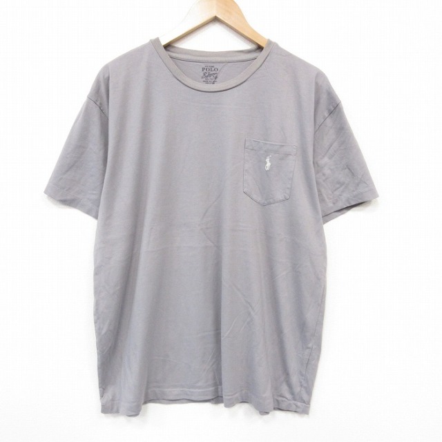 XL★古着 ラルフローレン 半袖 ブランド Tシャツ メンズ ワンポイントロゴ 胸ポケット付き 大きいサイズ コットン クルーネック グレー 26jul06