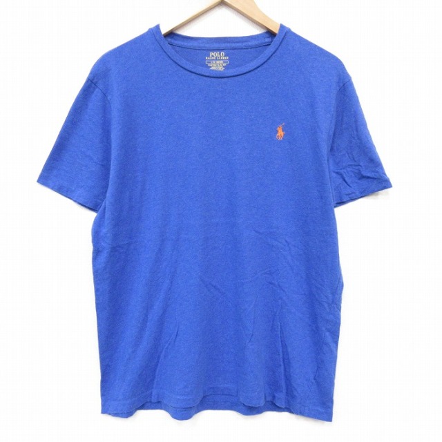 L★古着 ラルフローレン 半袖 ブランド Tシャツ メンズ ワンポイントロゴ コットン クルーネック ブルー 霜降り 26jul06