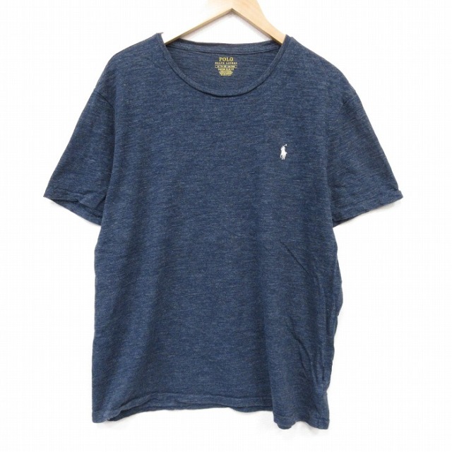 XL★古着 ラルフローレン 半袖 ブランド Tシャツ メンズ ワンポイントロゴ 大きいサイズ コットン クルーネック ネイビー 霜降り 26jul06