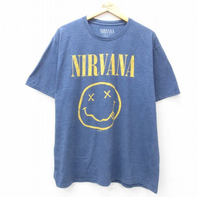 XL★古着 半袖 ロック バンド Tシャツ メンズ ニルバーナ ニルヴァーナ 大きいサイズ クルーネック 紺 ネイビー 霜降り 25apr17 中古