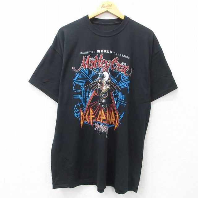 XL★古着 半袖 ロック バンド Tシャツ メンズ デフレパード モトリークルー 大きいサイズ クルーネック 黒 ブラック 25apr17 中古