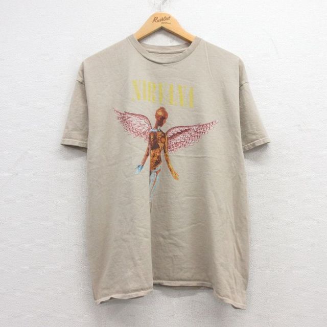 XL★古着 半袖 ロック バンド Tシャツ メンズ ニルヴァーナ ニルバーナ インユーテロ 大きいサイズ コットン クルーネック ベージュ系 カーキ 【spe】 25apr30 中古