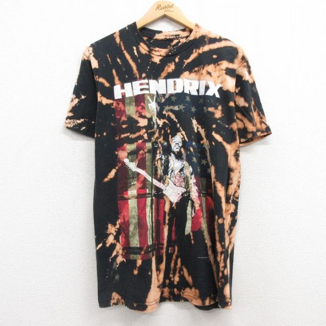 M★古着 半袖 ロック バンド Tシャツ メンズ ジミヘンドリックス クルーネック 黒 ブラック ブリーチ加工 25apr30 中古