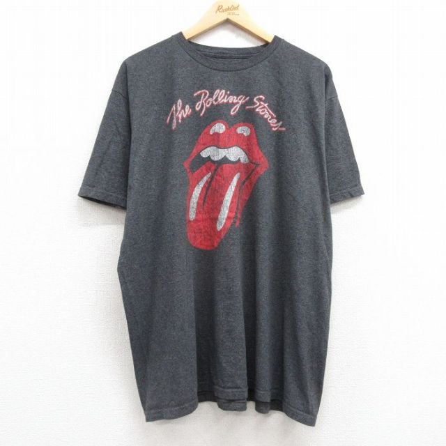 XL★古着 半袖 ロック バンド Tシャツ メンズ ローリングストーンズ The Rolling Stones 大きいサイズ クルーネック 濃グレー 霜降り 25apr30 中古