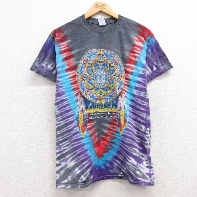 L★古着 半袖 ロック バンド Tシャツ メンズ フィッシュ ウィーン フェス コットン クルーネック 紺他 ネイビー タイダイ 25apr30 中古