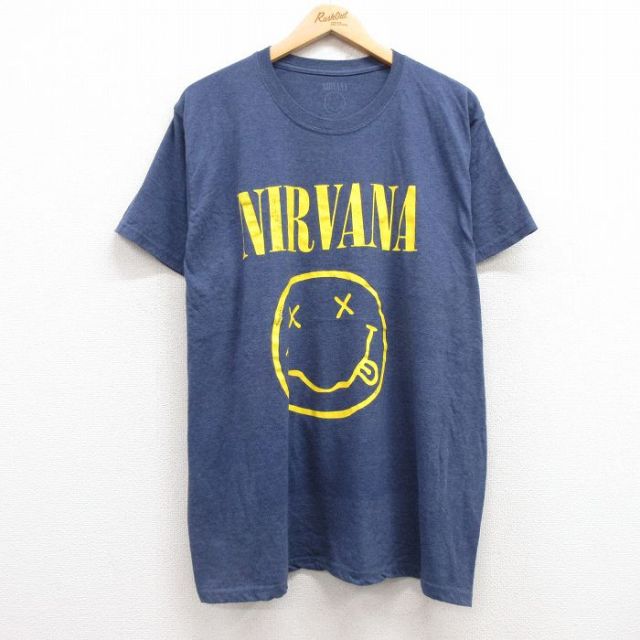 XL★古着 半袖 ロック バンド Tシャツ メンズ ニルバーナ ニルヴァーナ 大きいサイズ クルーネック 紺 ネイビー 霜降り 25apr30 中古