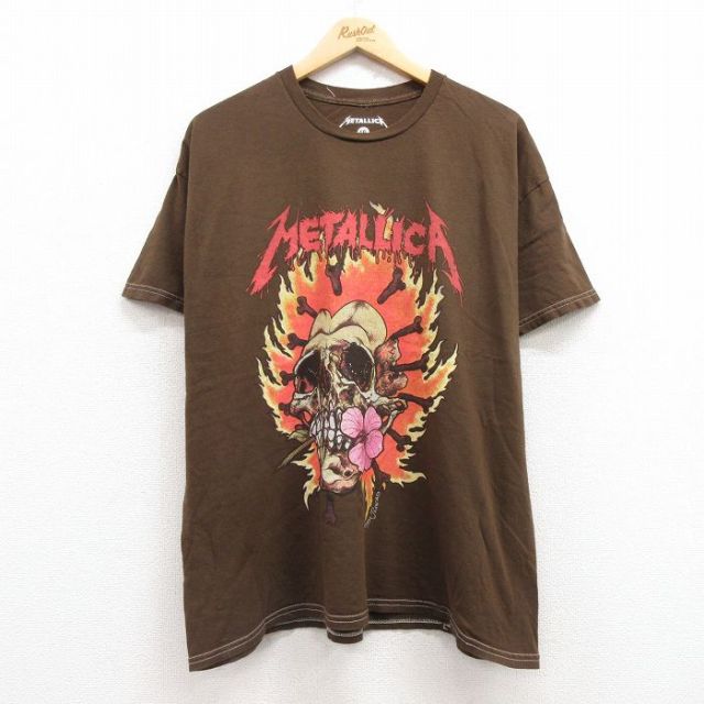 XL★古着 半袖 ロック バンド Tシャツ メンズ メタリカ パスヘッド 大きいサイズ コットン クルーネック 濃茶 ブラウン 【spe】 25apr30 中古