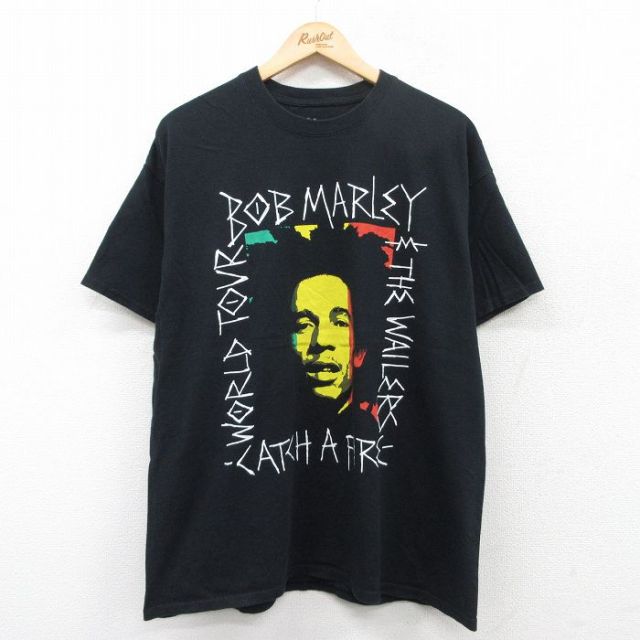 XL★古着 半袖 ロック バンド Tシャツ メンズ ボブマーリー コットン クルーネック 黒 ブラック 25may10 中古