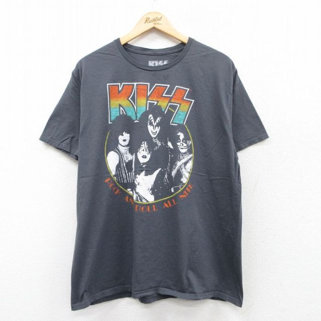 XL★古着 半袖 ロック バンド Tシャツ メンズ キッス KISS コットン クルーネック 濃グレー 25may10 中古
