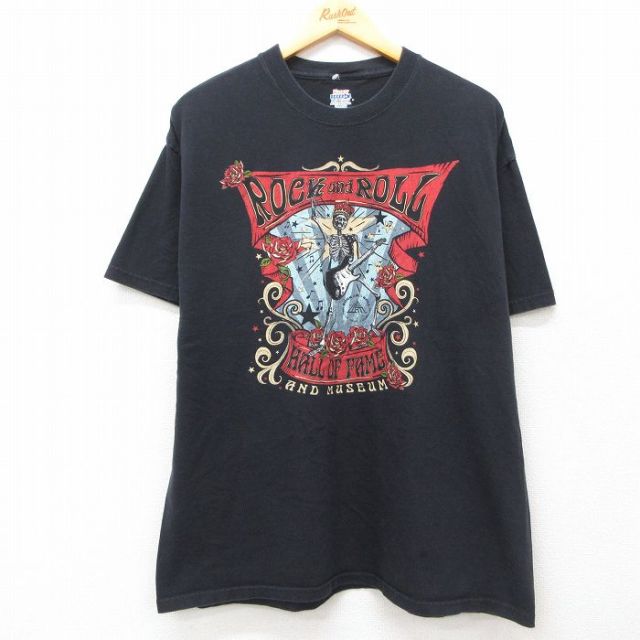 XL★古着 ヘインズ Hanes 半袖 ロック バンド Tシャツ メンズ ロックンロールの殿堂 スケルトン コットン クルーネック 黒 ブラック 25may14 中古
