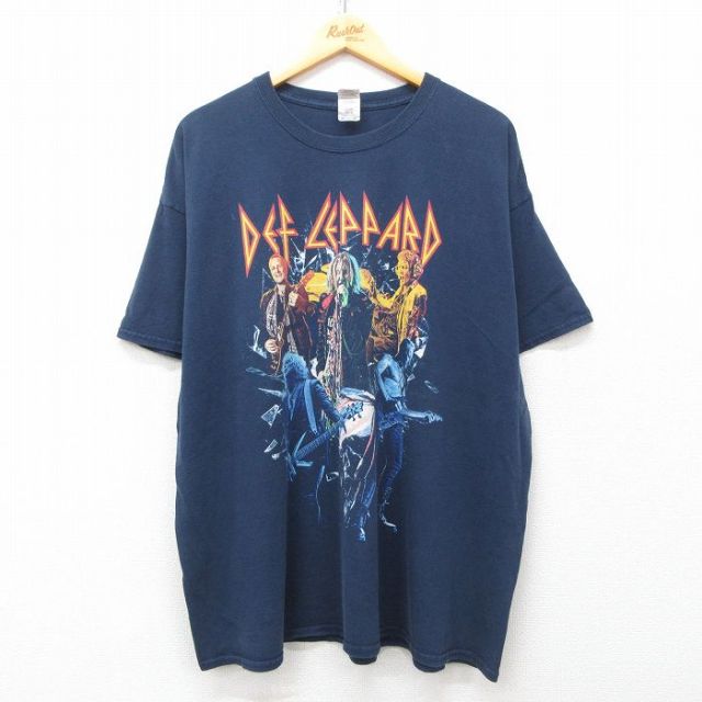 XL★古着 半袖 ロック バンド Tシャツ メンズ デフレパード 大きいサイズ コットン クルーネック 濃紺 ネイビー 25may14 中古