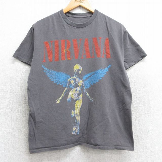 M★古着 半袖 ロック バンド Tシャツ メンズ ニルバーナ ニルヴァーナ コットン クルーネック 濃グレー 25may28 中古
