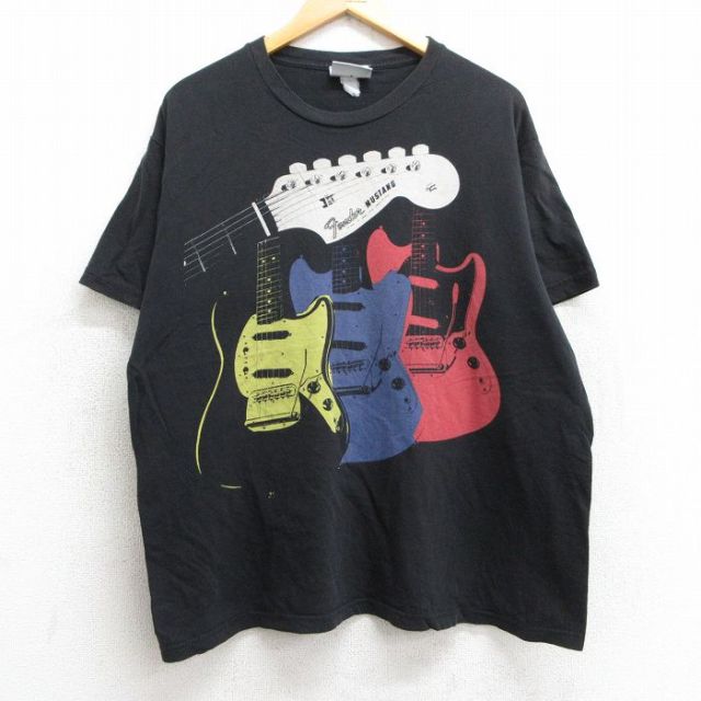 XL★古着 半袖 ロック バンド Tシャツ メンズ ギター フェンダー 大きいサイズ コットン クルーネック 黒 ブラック 25may28 中古