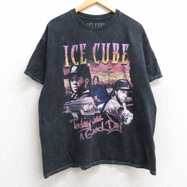XL★古着 半袖 ヒップホップ ラップ Tシャツ メンズ コットン クルーネック 黒 ブラック タイダイ 25may28 中古