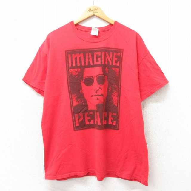 XL★古着 半袖 ロック バンド Tシャツ メンズ ジョンレノン コットン クルーネック 赤 レッド 25may31 中古
