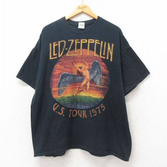 XL★古着 半袖 ロック バンド Tシャツ メンズ レッドツェッペリン 大きいサイズ コットン クルーネック 黒 ブラック 25may31 中古