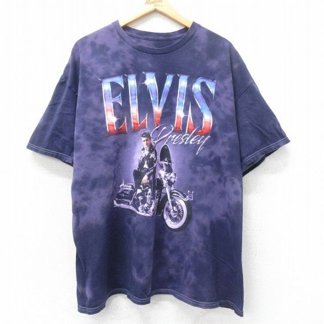 XL★古着 半袖 ロック バンド Tシャツ メンズ エルビスプレスリー エルヴィスプレスリー 大きいサイズ コットン クルーネック 紫他 パープル タイダイ 25jun12 中古