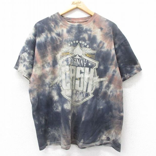 XL★古着 半袖 ロック バンド Tシャツ メンズ ジョニーキャッシュ 大きいサイズ コットン クルーネック 茶他 ブラウン タイダイ 25jun12 中古