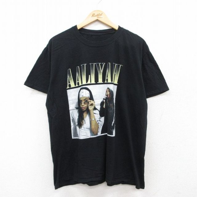 【20%OFF】XL★古着 半袖 ロック バンド Tシャツ メンズ アリーヤ クルーネック 黒 ブラック 25jun20 中古